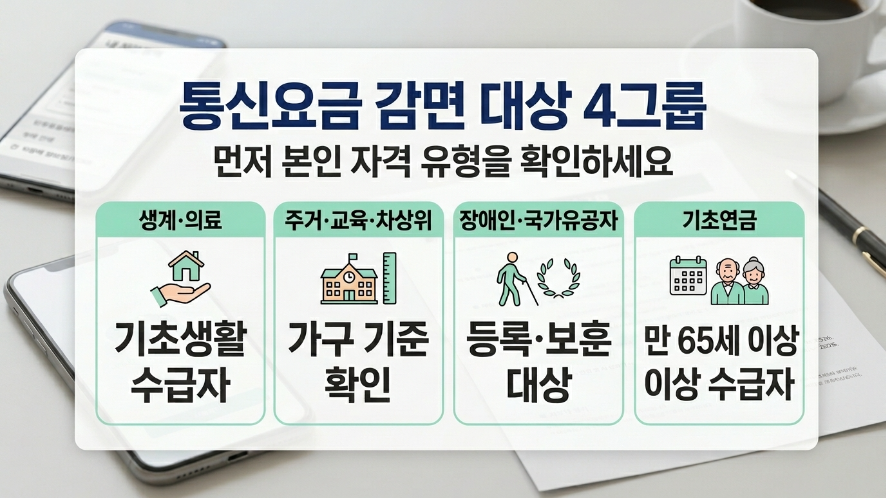 통신요금 감면 대상 그룹 생계의료 주거교육차상위 장애인국가유공자 기초연금 구분 이미지