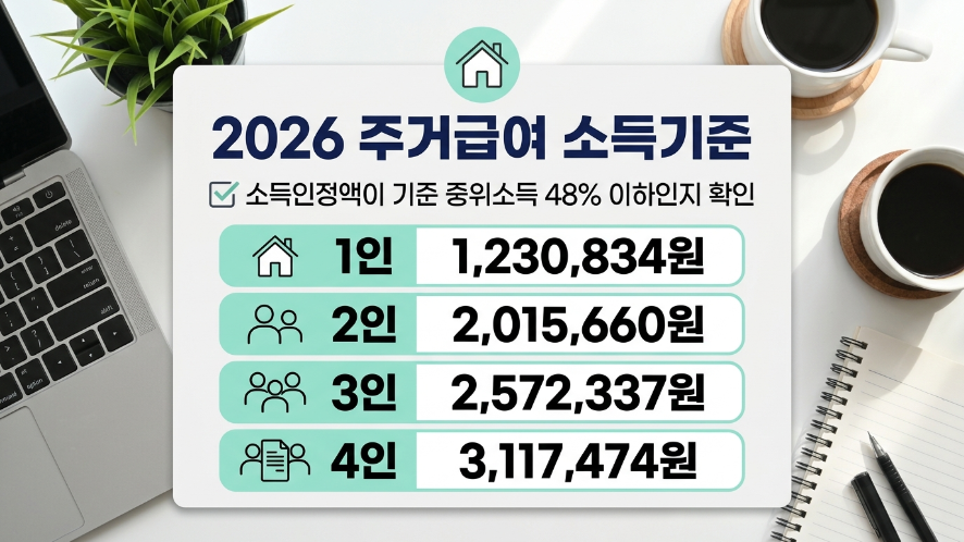 주거급여 2026 가구원수별 소득 선정기준 이미지