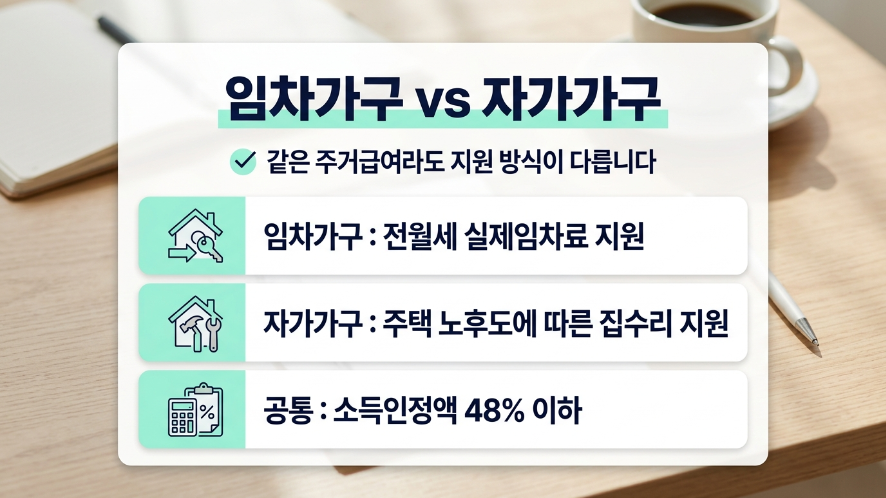 주거급여 임차가구 월세지원 자가가구 집수리지원 차이 비교 이미지