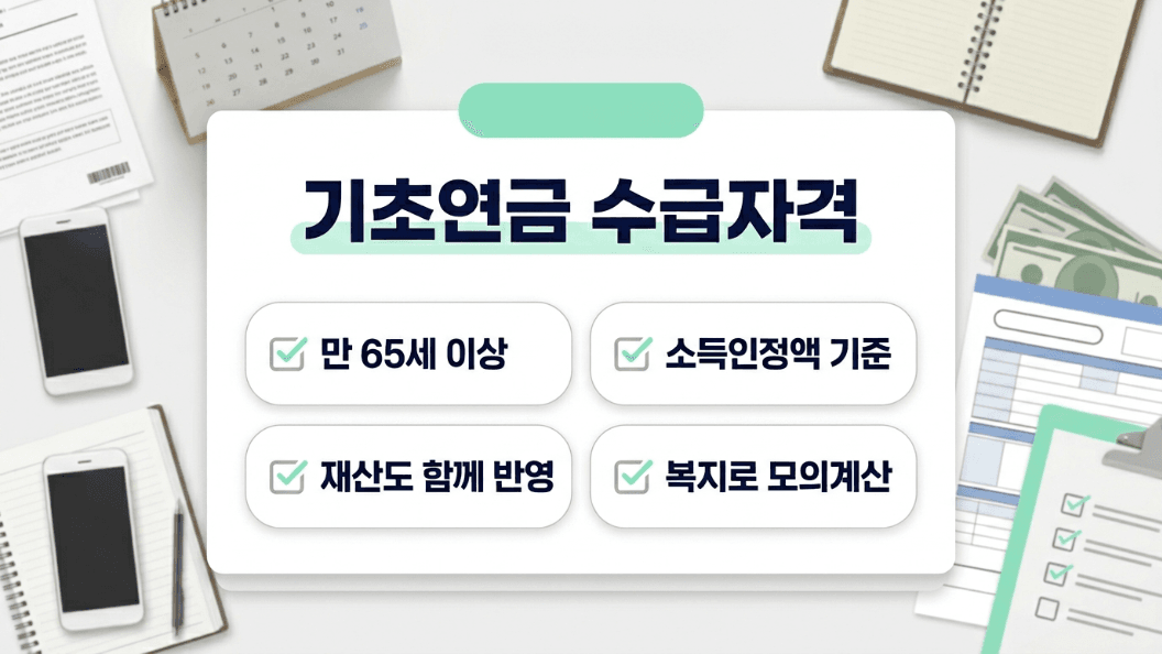 기초연금 수급자격 대상 소득인정액 재산 기준 요약 이미지