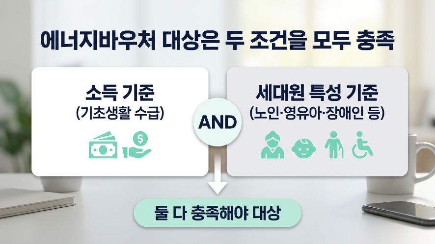 에너지바우처 소득 기준과 세대원 특성 기준을 모두 충족해야 대상이 되는 이중 요건 안내 이미지
