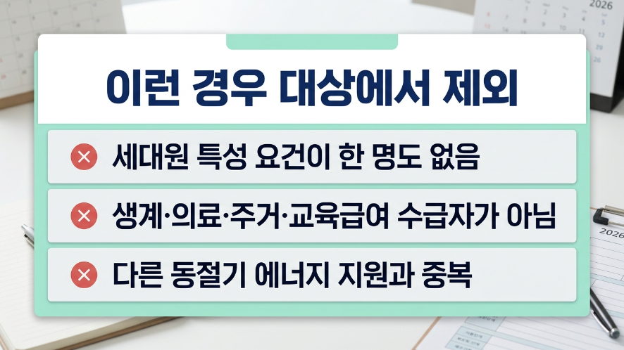 에너지바우처 대상에서 제외되는 대표 경우 세 가지 주의 안내 이미지
