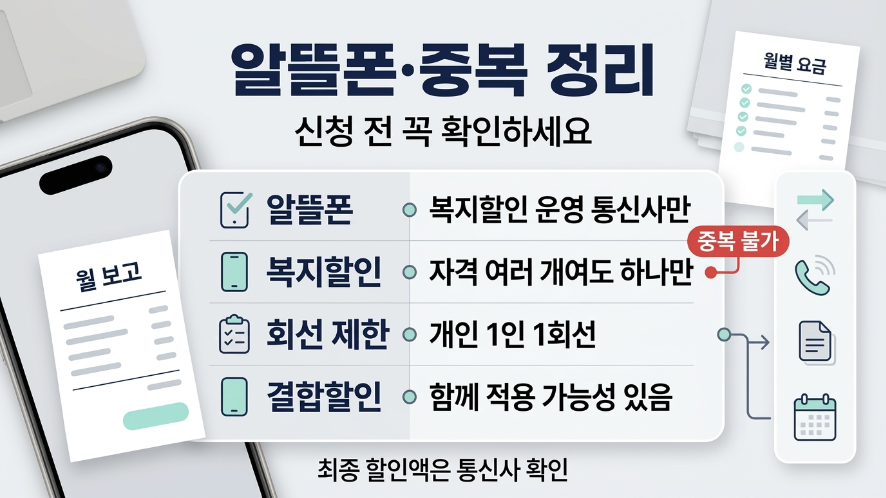 통신요금 감면 알뜰폰 복지할인 중복 불가 회선 제한 결합할인 정리 이미지