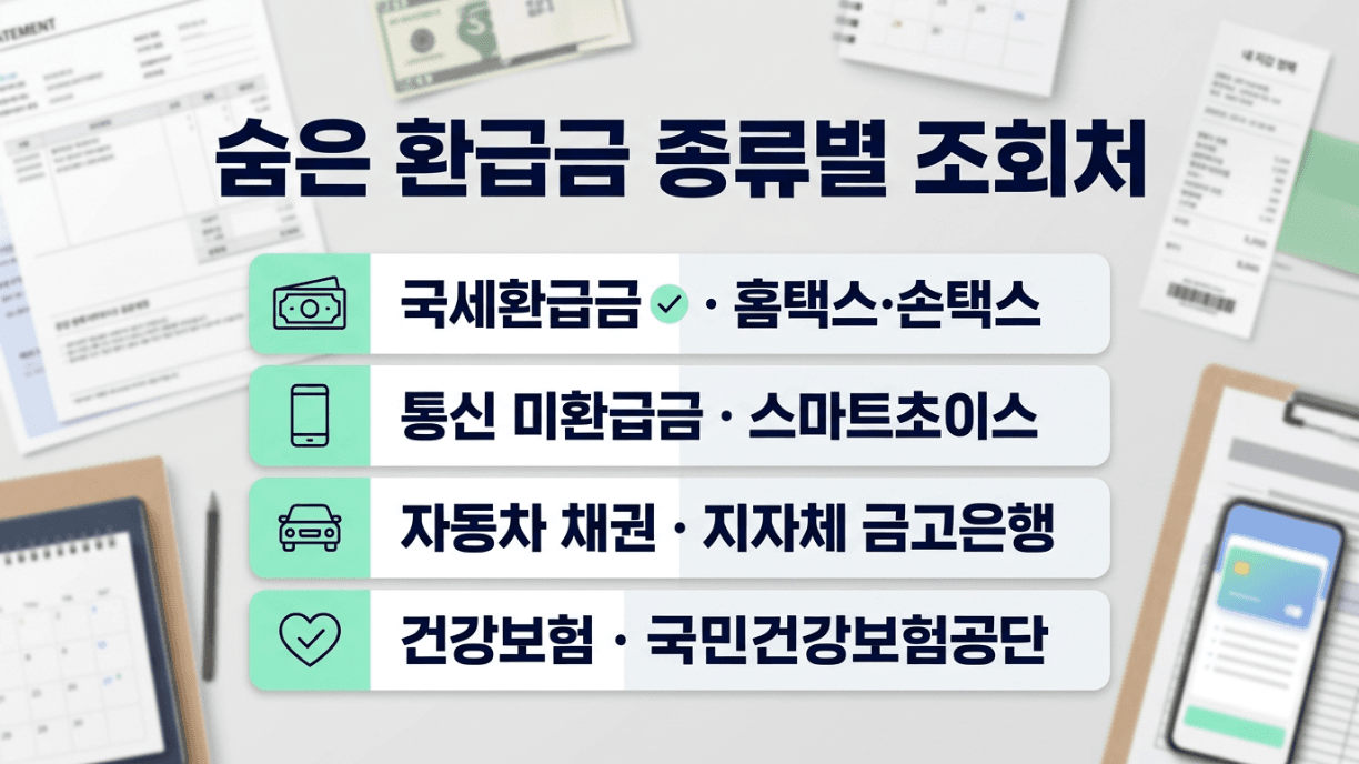 숨은 환급금 조회 종류별 공식 조회처 요약 이미지