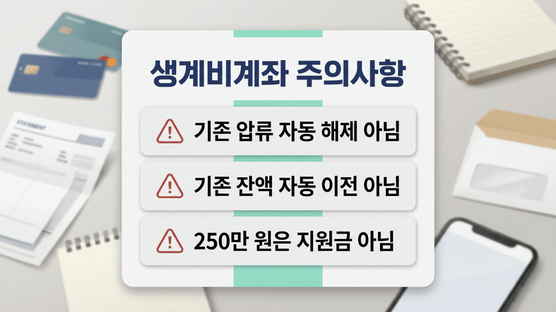 생계비계좌가 채무 면제나 기존 압류 자동 해제를 의미하지 않는다는 주의사항
