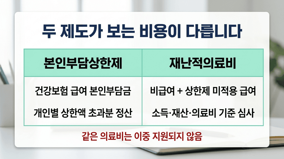 본인부담상한제와 재난적의료비 적용 비용 차이 이미지