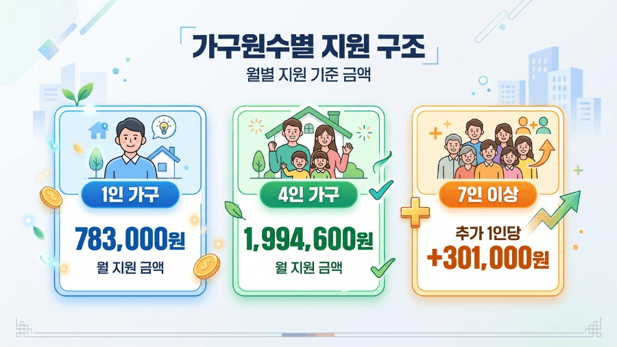 긴급복지 생계지원 1인 4인 가구 월 지원액 비교 이미지