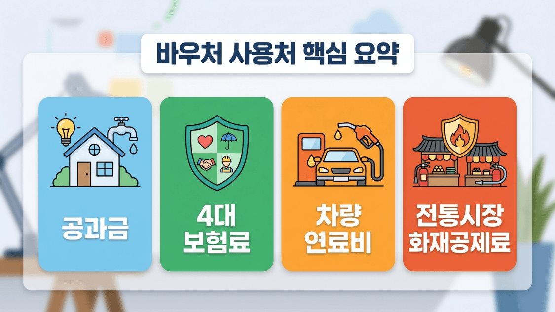소상공인 경영안정 바우처 사용처 공과금 보험료 연료비 화재공제 요약 이미지